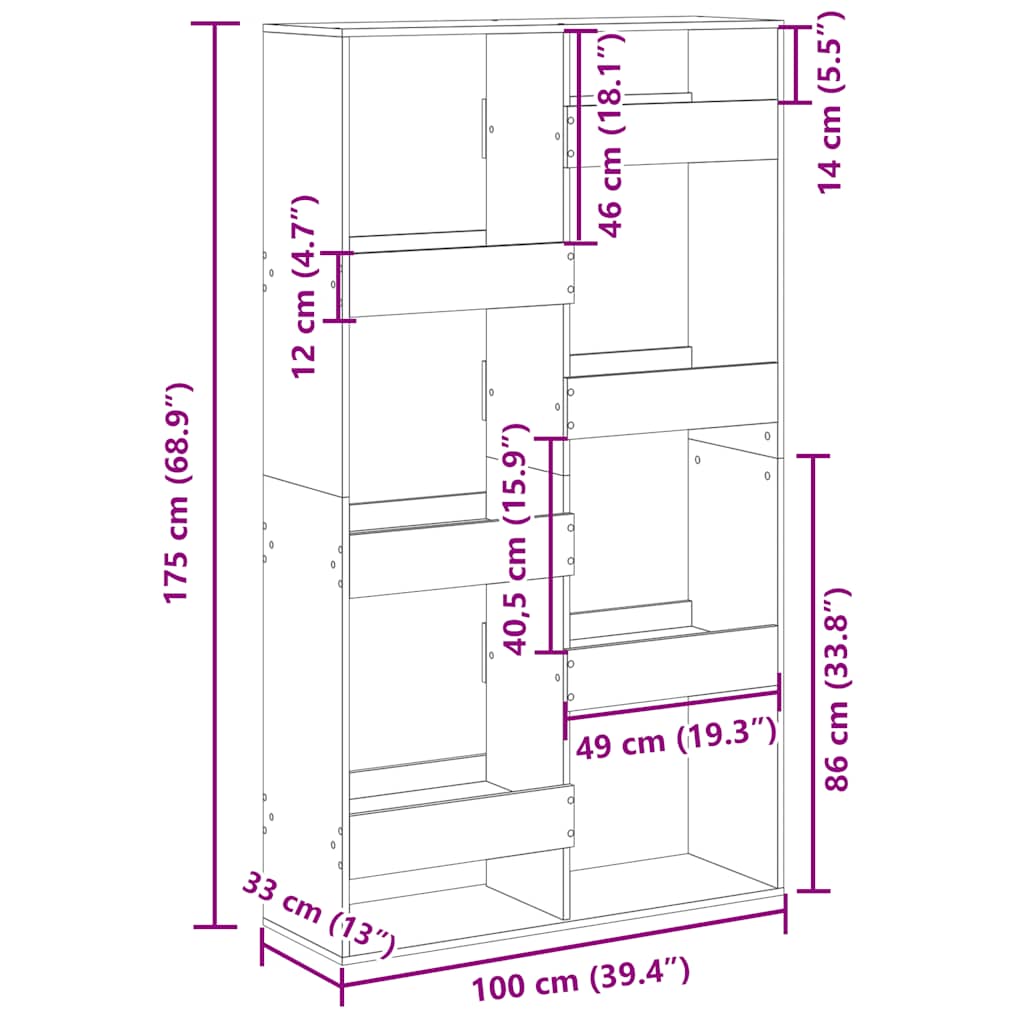 vidaXL Bookcase Sonoma Oak 100x33x175 cm Engineered Wood - Brown