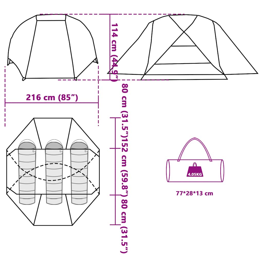 vidaXL Fishing Tent 3-Person Olive Green Waterproof - 312 x 216 x 114 cm