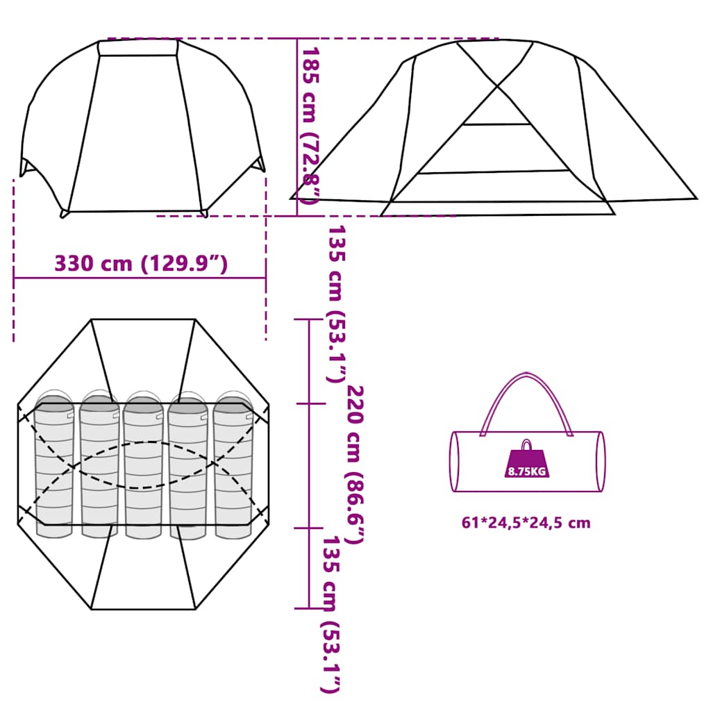 vidaXL Fishing Tent 5-Person Olive Green Waterproof - 490 x 330 x 185 cm