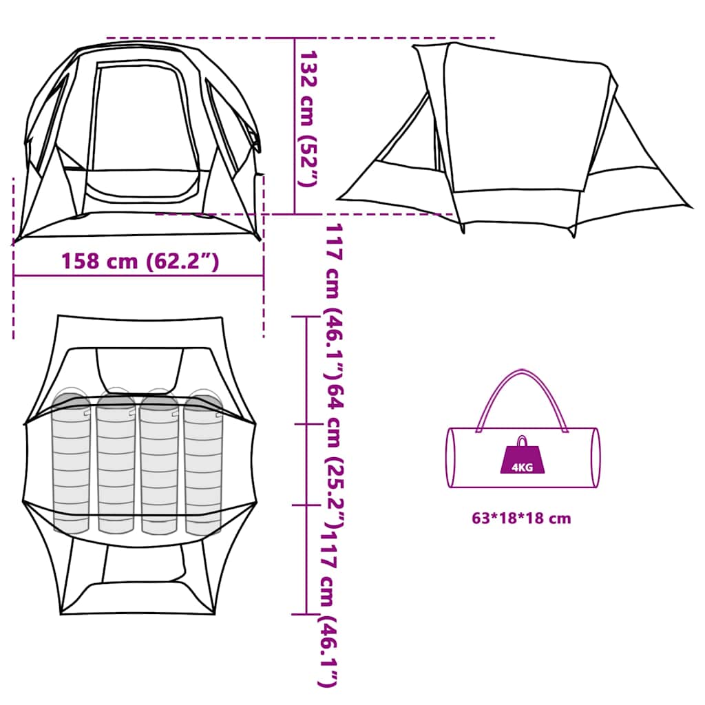 vidaXL Camping Tent Cabin 4-Person Blue Waterproof - 298 x 158 x 132 cm
