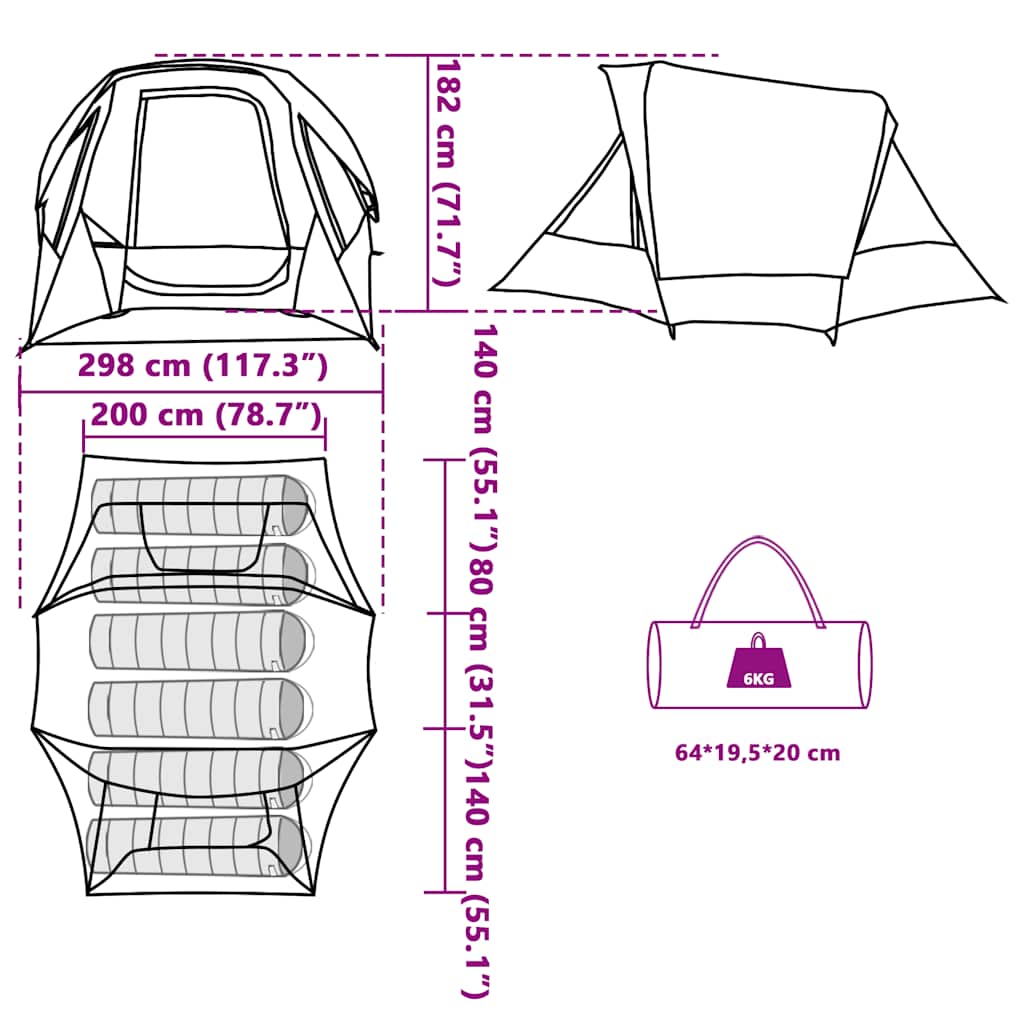 vidaXL Family Tent Cabin 6-Person Green Waterproof - 360 x 298 x 182 cm
