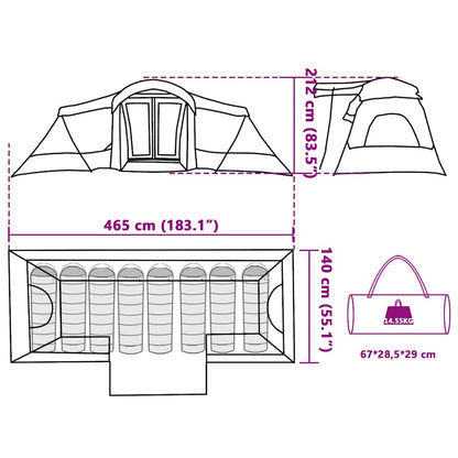 vidaXL Family Tent 6-Person Green and Grey Polyester and Fiberglass - 721 x 335 x 212 cm