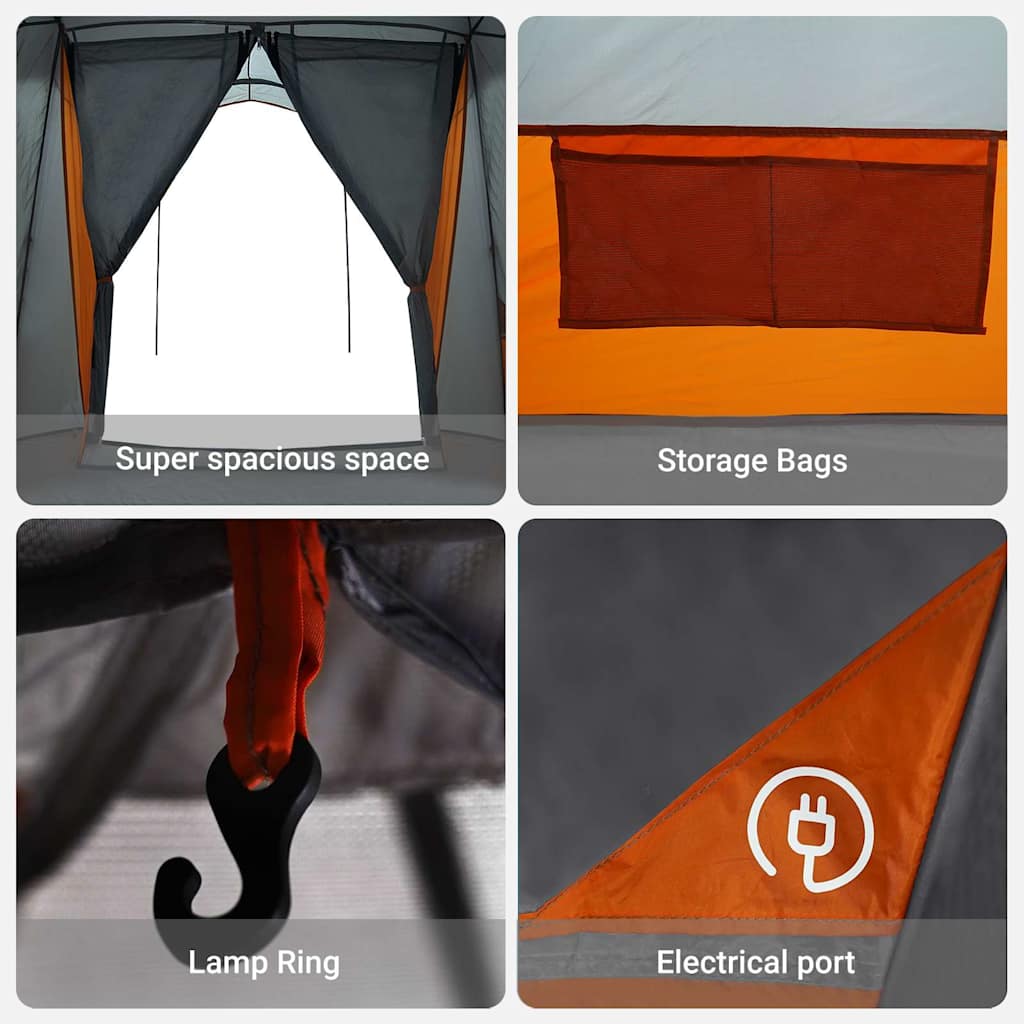 vidaXL Family Tent 6-Person Grey and Orange Polyester and Fiberglass - 721 x 335 x 212 cm