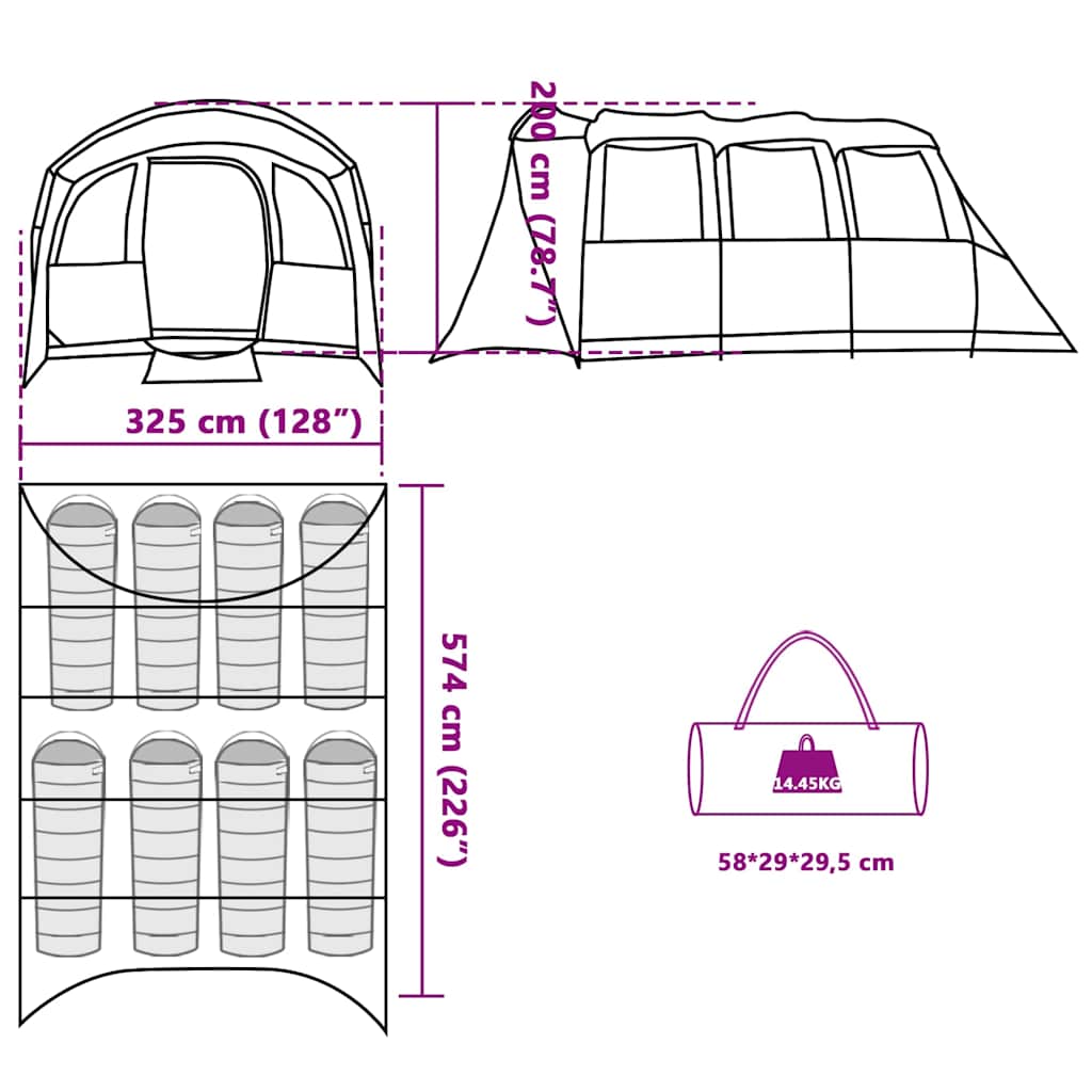 vidaXL Family Tent with Roof Green and White 576 x 325 x 213 cm
