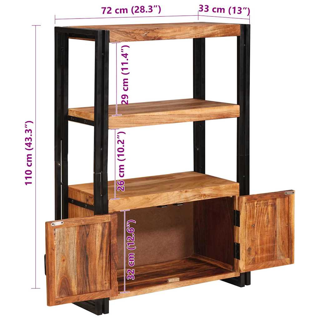 vidaXL Bookshelf with Doors Brown Solid Acacia Wood and Metal - 72 x 33 x 110 cm