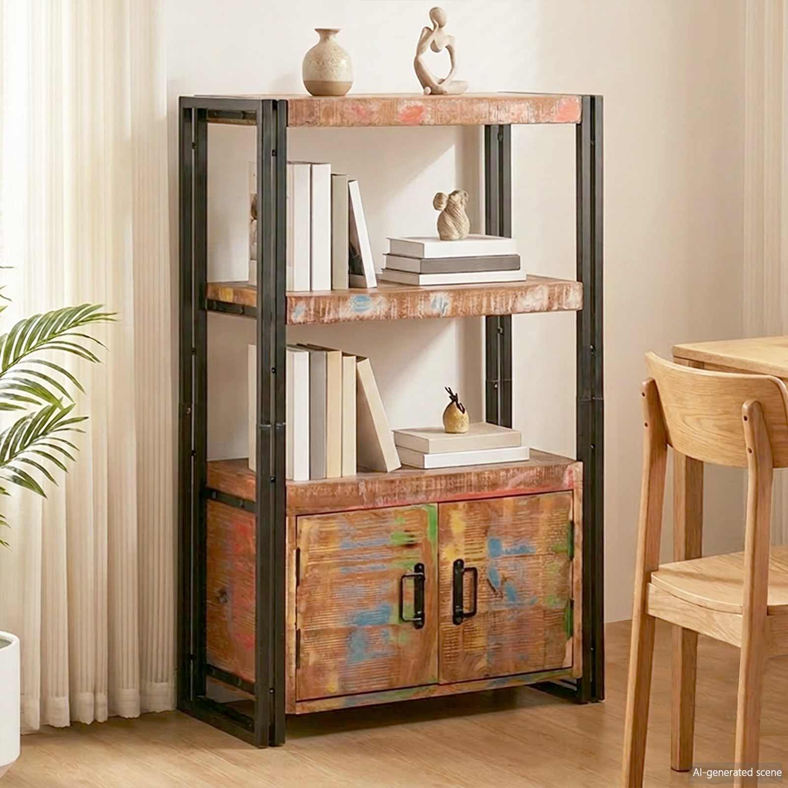 vidaXL Bookshelf with Doors Brown Solid Reclaimed Wood and Metal - 72 x 33 x 110 cm