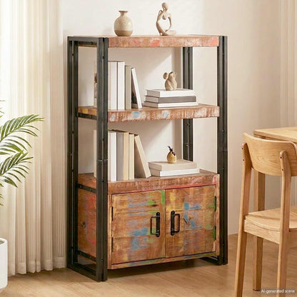 vidaXL Bookshelf with Doors Brown Solid Reclaimed Wood and Metal - 72 x 33 x 110 cm