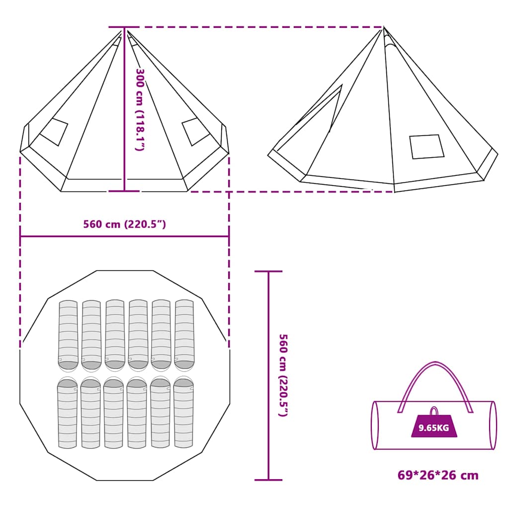 vidaXL Tipi Tent with Roof Green 560 x 560 x 300 cm Taffeta