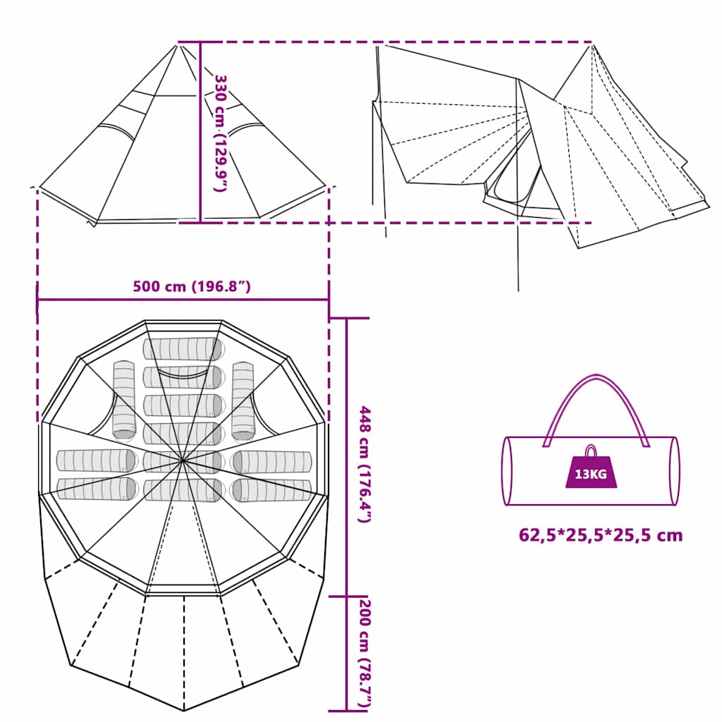 vidaXL Tipi Tent with Roof Blue 510 x 690 x 330 cm Taffeta