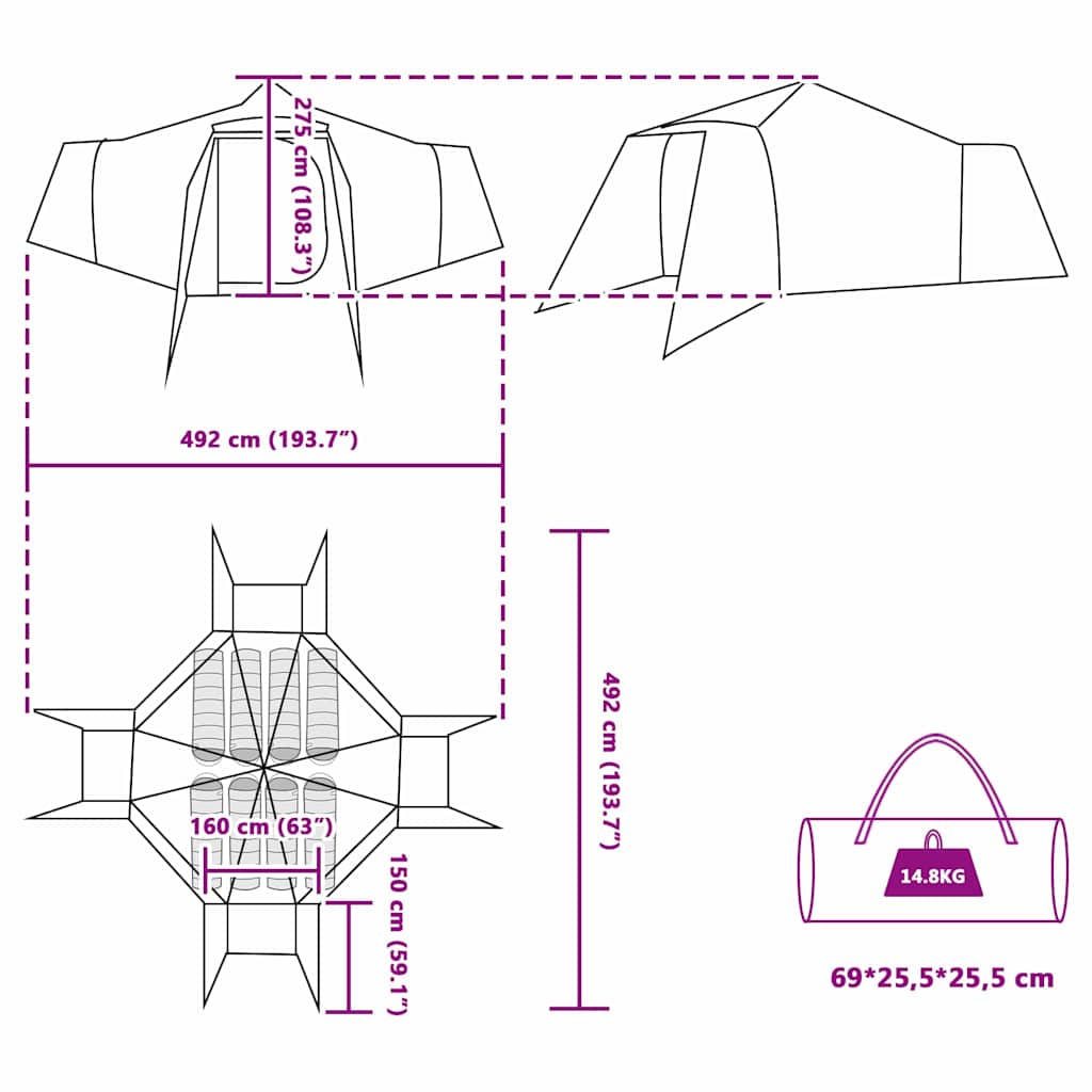 vidaXL Tipi Tent 8-Person Blue Taffeta - 492 x 492 x 275 cm