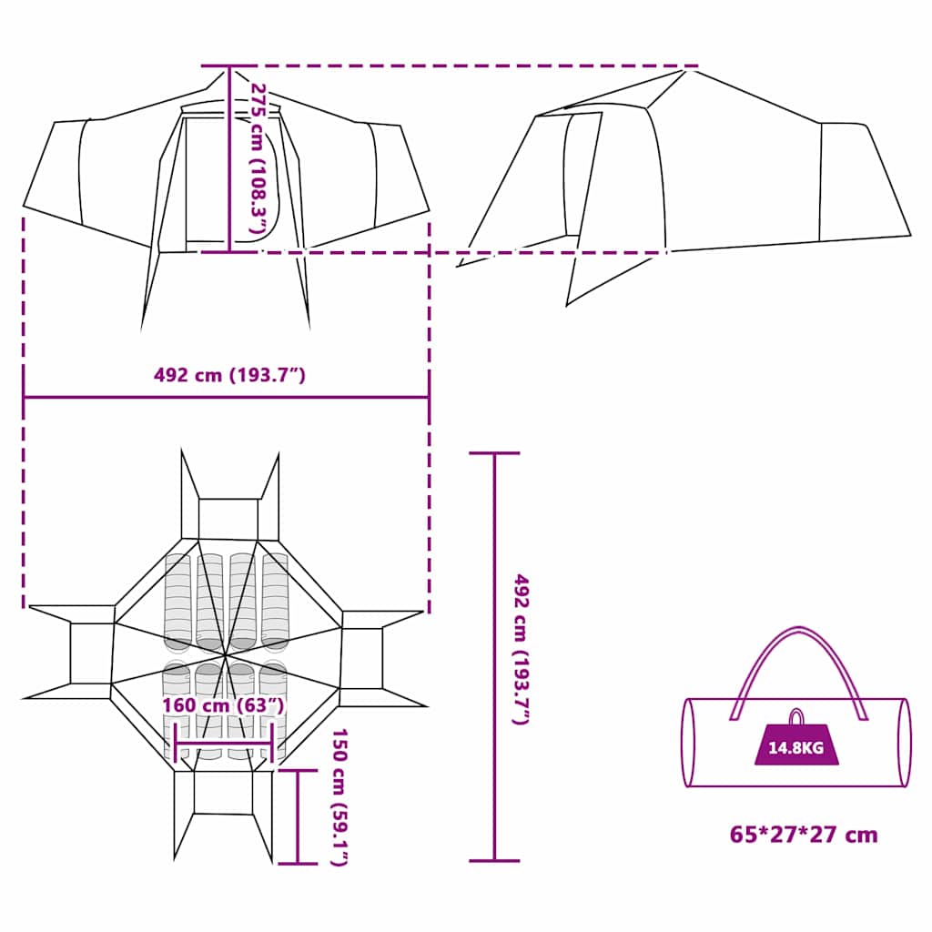 vidaXL Tipi Tent 8-Person Grey and Orange Taffeta - 492 x 492 x 275 cm
