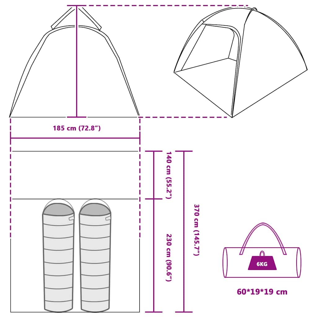 vidaXL Cabin Tent 2-Person Grey and Orange Taffeta - 370 x 230 x 185 cm