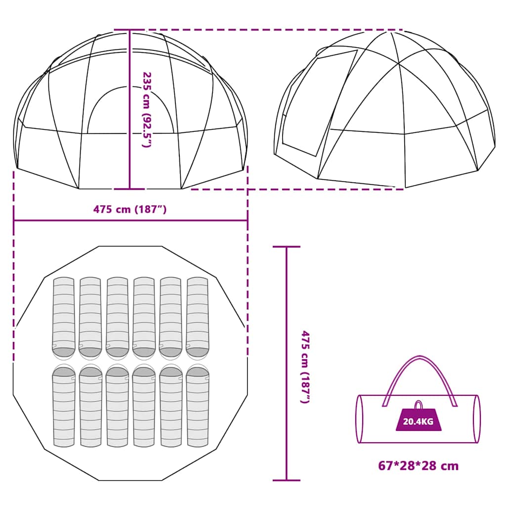 vidaXL Dome Tent with Roof Green 475 x 475 x 235 cm Taffeta