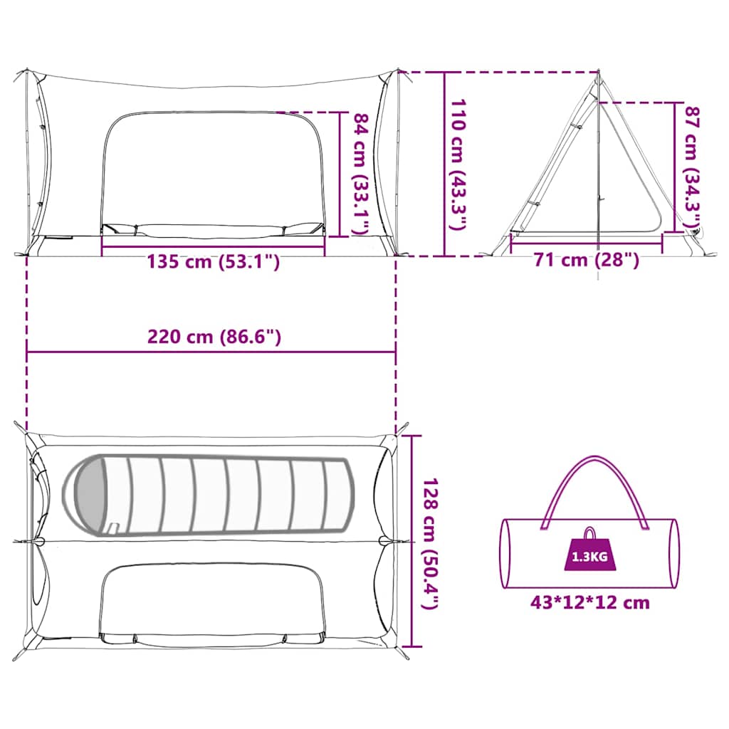 vidaXL Inner Tent 1-Person [Black]: Black (#0A0A0A) Mesh - 220 x 128 x 110 cm