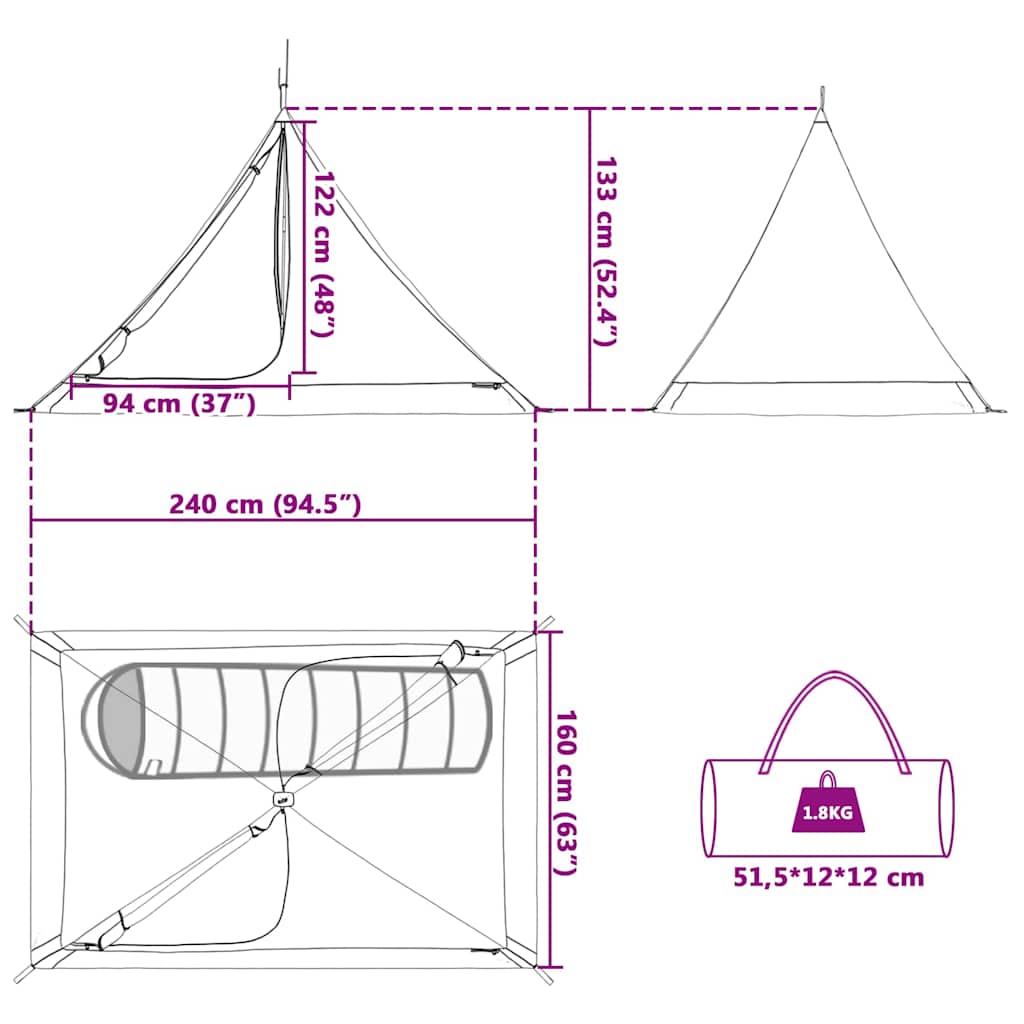 vidaXL Inner Tent 1-Person [Black]: Black (#0A0A0A) Mesh - 240 x 160 x 133 cm