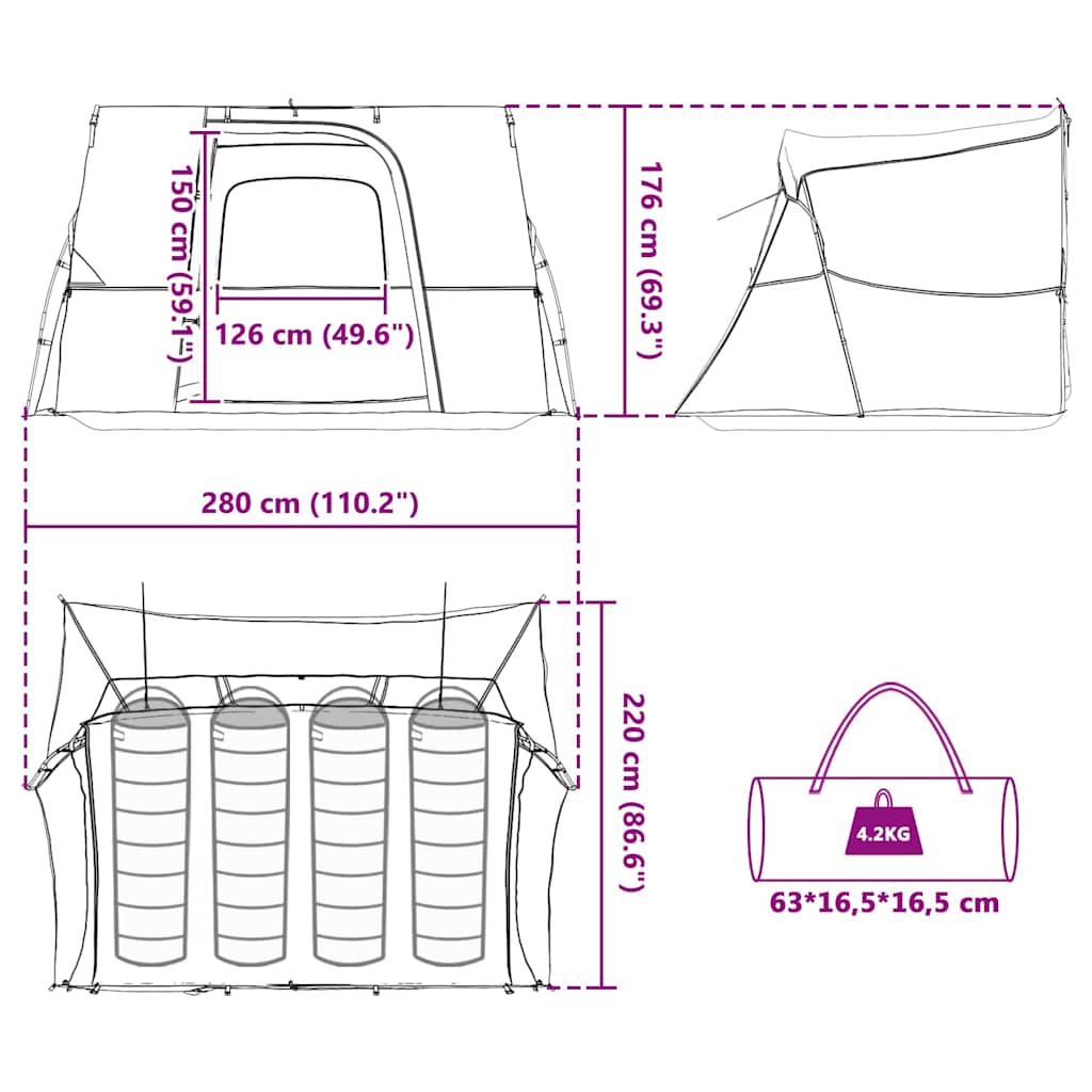 vidaXL Inner Tent with Roof Blue 280 x 220 x 176 cm Taffeta