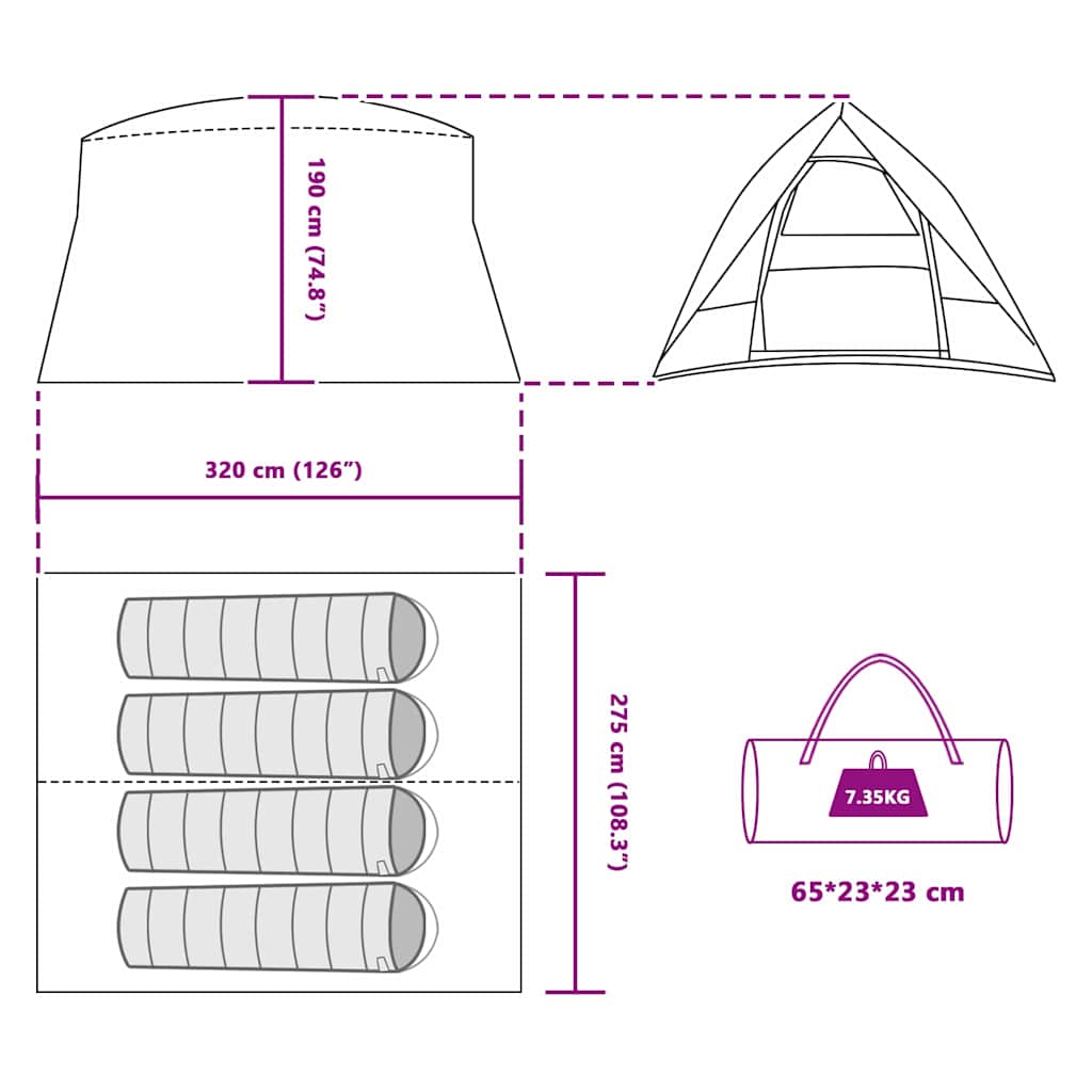 vidaXL Camping Tent 4-Person Waterproof Green Taffeta - 320 x 275 x 190 cm