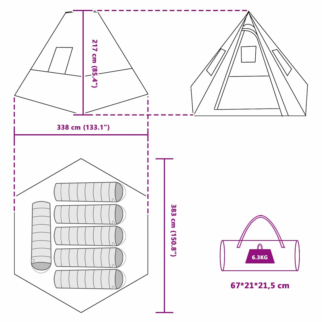 vidaXL Tipi Tent 6-Person Waterproof Grey and Orange Taffeta - 383 x 338 x 217 cm