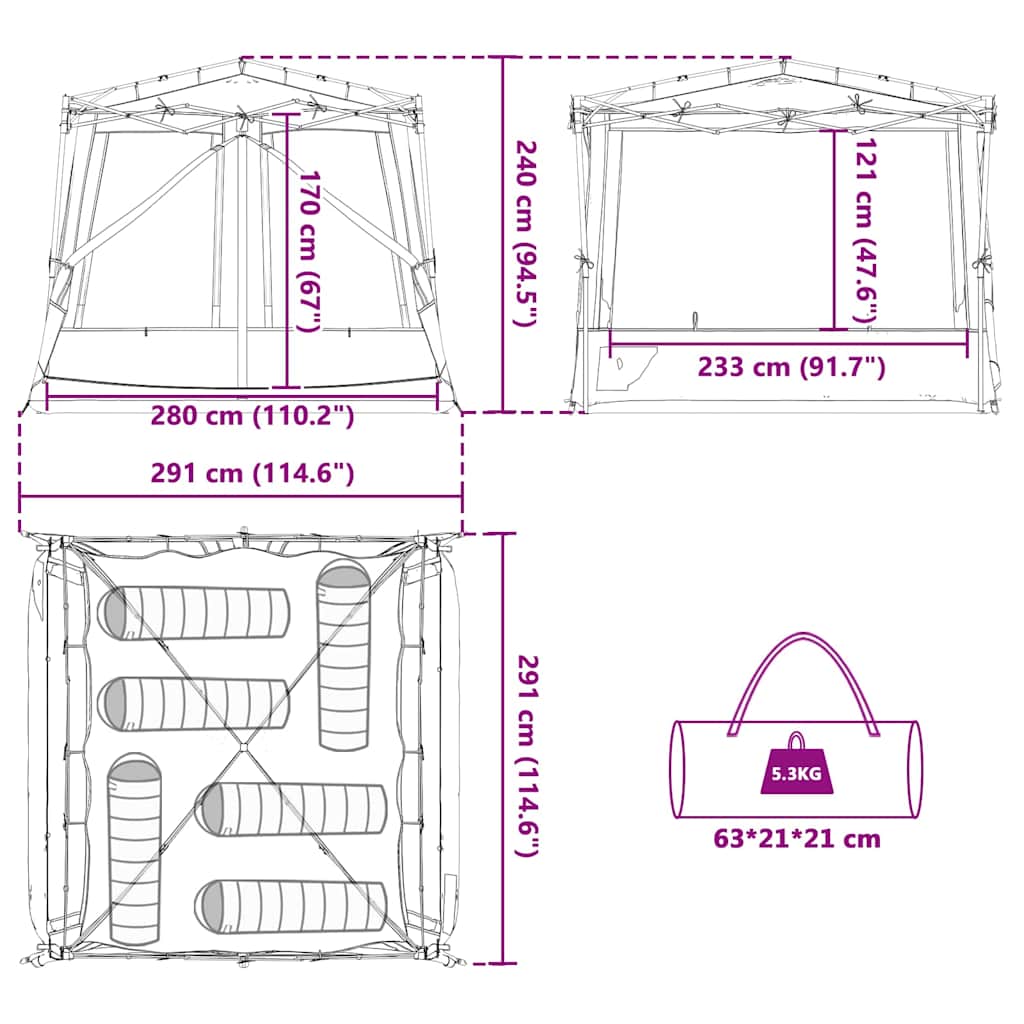 vidaXL Inner Tent 6-Person Grey and Orange Taffeta - 291 x 291 x 240 cm