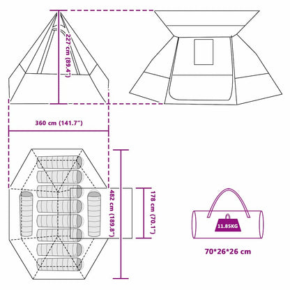 vidaXL Camping Tent 10-Person Waterproof Green Taffeta - 482 x 360 x 227 cm