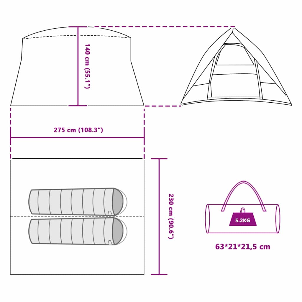vidaXL Camping Tent 2-Person Waterproof Grey and Orange Taffeta - 275 x 230 x 140 cm