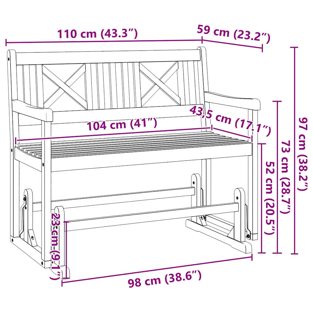 vidaXL Garden Glider Bench Natural 110 x 59 x 97 cm Solid Acacia Wood - Brown