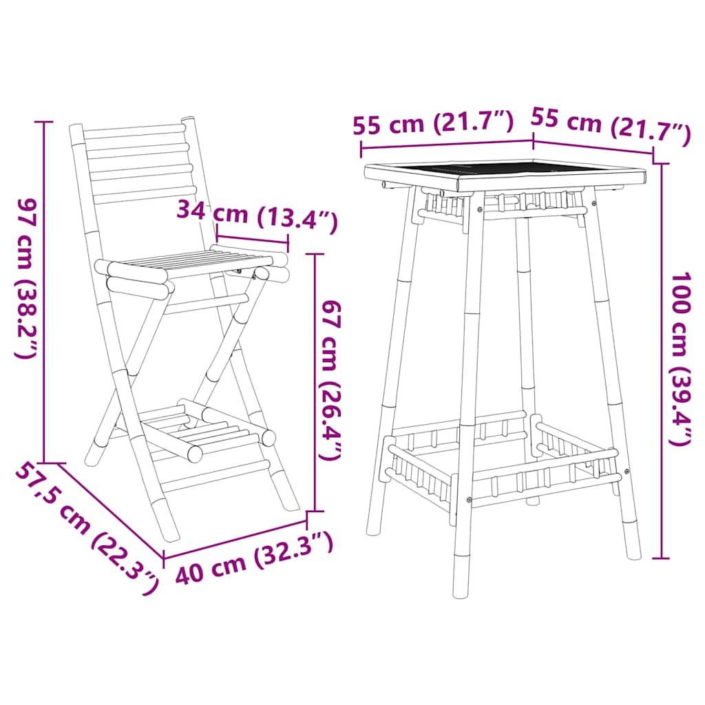 vidaXL 3 Piece Outdoor Bar Set Foldable Bamboo - Brown - 26475