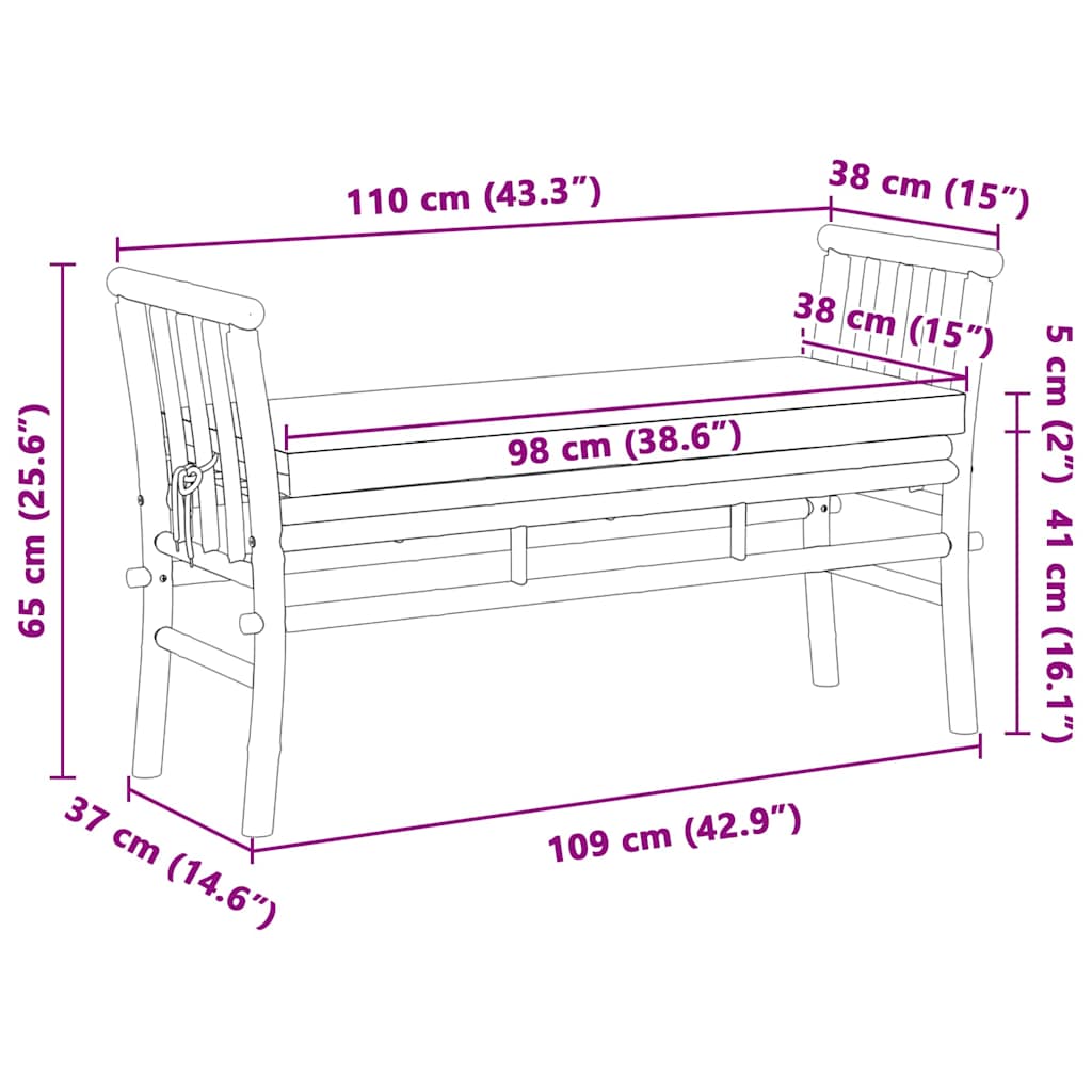 vidaXL Garden Bench with Cushion Brown 110 x 38 x 65cm Bamboo - 30718