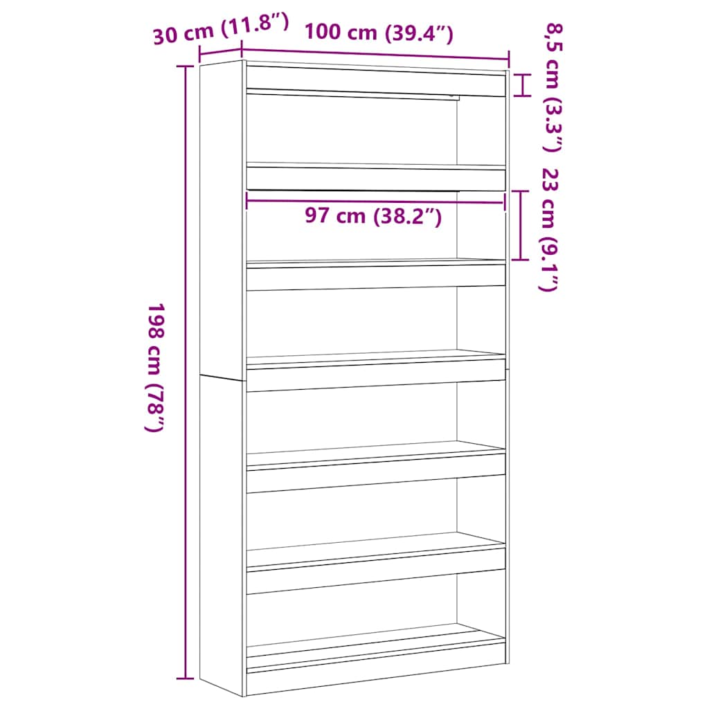 vidaXL Book Cabinet 6-Tier 100 x 30 x 198 cm Engineered Wood - Brown