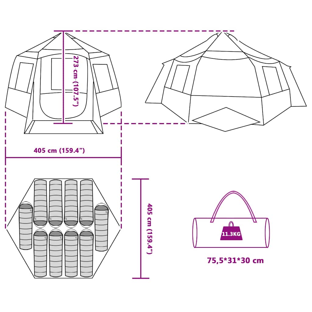 vidaXL Cabin Tent 12-Person 10-Person Grey and Orange - 405 x 405 x 273 cm