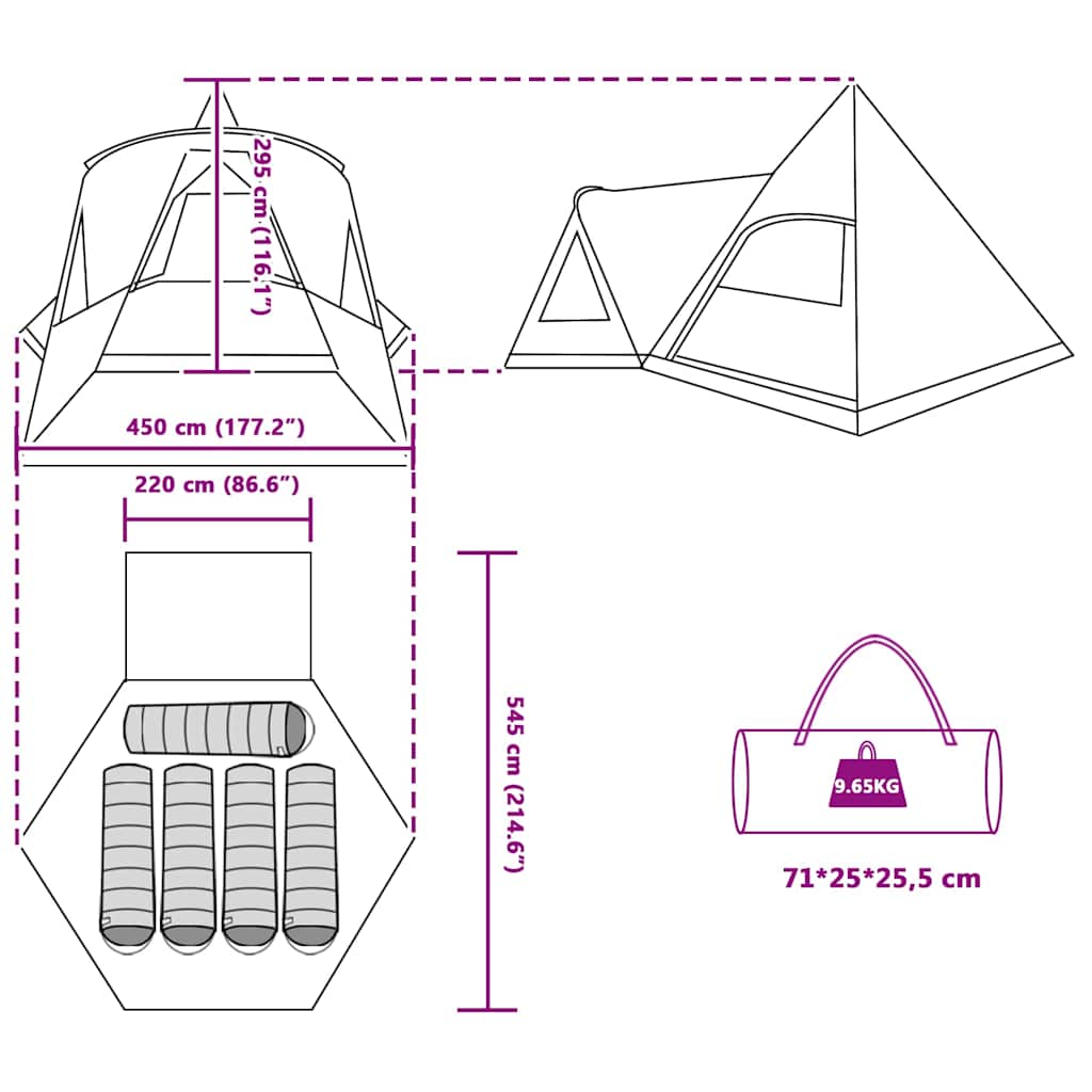 vidaXL Teepee Tent 5-Person 5-Person Green - 545 x 450 x 295 cm