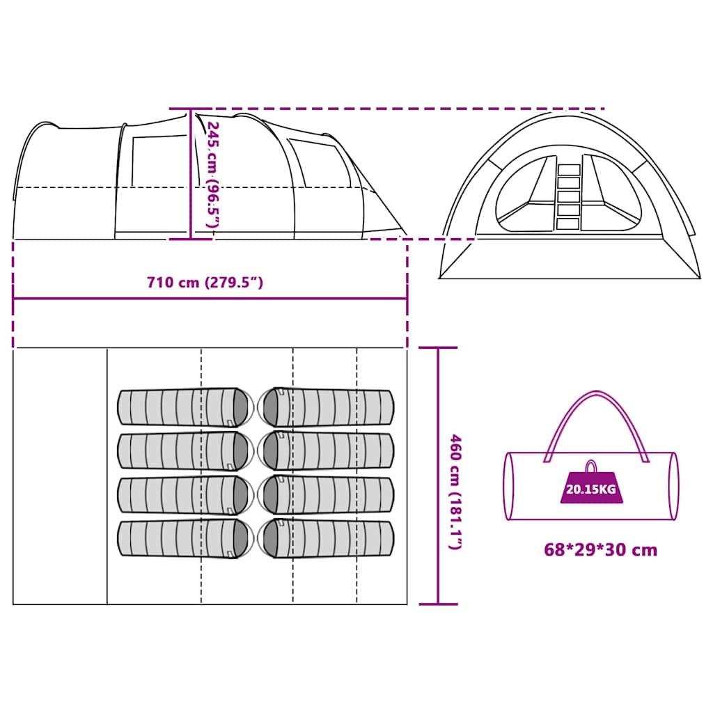 vidaXL Tunnel Tent 8-Person 8-Person Grey and Orange - 710 x 460 x 245 cm