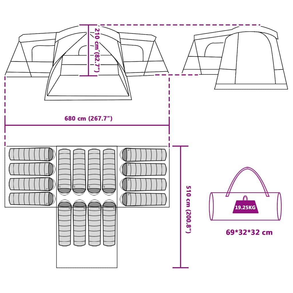 vidaXL Tent 16-Person with Roof with Storage Green 680 x 510 x 210 cm