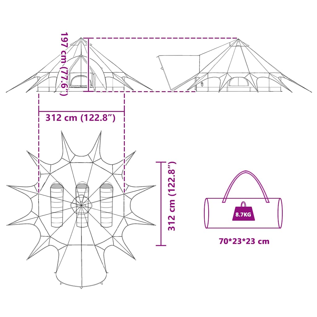 vidaXL Teepee Tent 3-Person 3-Person Grey and Orange - 312 x 312 x 197 cm