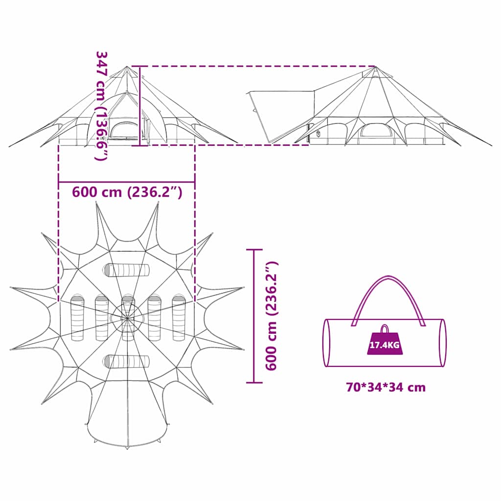 vidaXL Teepee Tent 7-Person 7-Person Grey and Orange - 600 x 600 x 347 cm