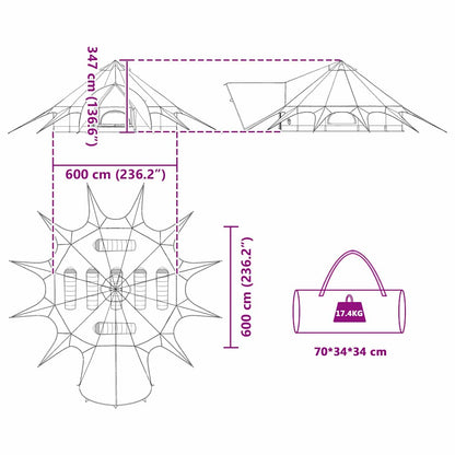 vidaXL Teepee Tent 7-Person 7-Person Grey and Orange - 600 x 600 x 347 cm