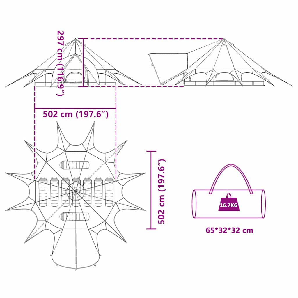 vidaXL Teepee Tent 9-Person 9-Person Blue and Grey - 502 x 502 x 297 cm