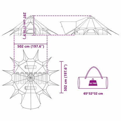vidaXL Teepee Tent 9-Person 9-Person Grey and Orange - 502 x 502 x 297 cm