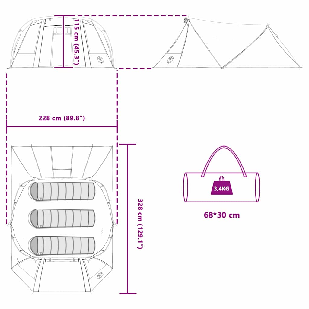 vidaXL Tunnel Tent 3-Person 3-Person Green and White - 328 x 228 x 115 cm