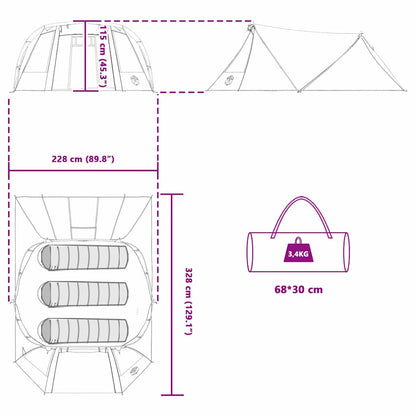 vidaXL Tunnel Tent 3-Person 3-Person Green and White - 328 x 228 x 115 cm