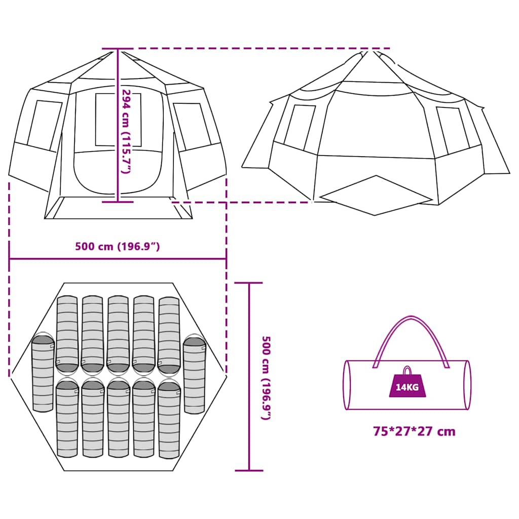 vidaXL Cabin Tent 12-Person Grey and Orange 500 x 500 x 294 cm