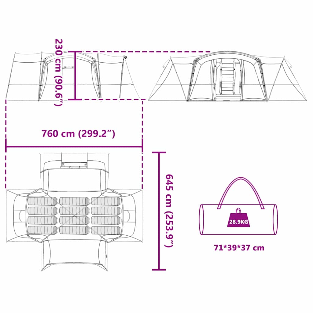 vidaXL Family Tent 12-Person 12-Person Blue and Grey - 760 x 645 x 230 cm
