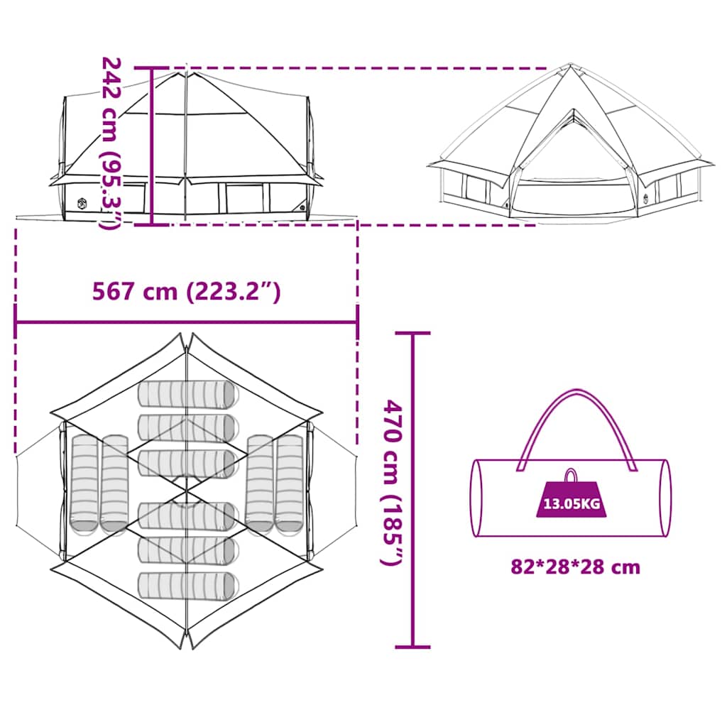 vidaXL Teepee Tent 10-Person 10-Person Green and White - 567 x 470 x 242 cm