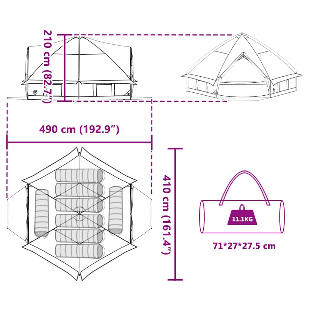vidaXL Teepee Tent 8-Person 8-Person Grey and Orange - 490 x 410 x 210 cm