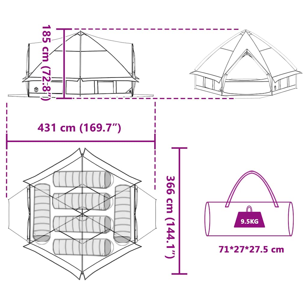 vidaXL Teepee Tent 6-Person 6-Person Blue and Grey - 431 x 366 x 185 cm