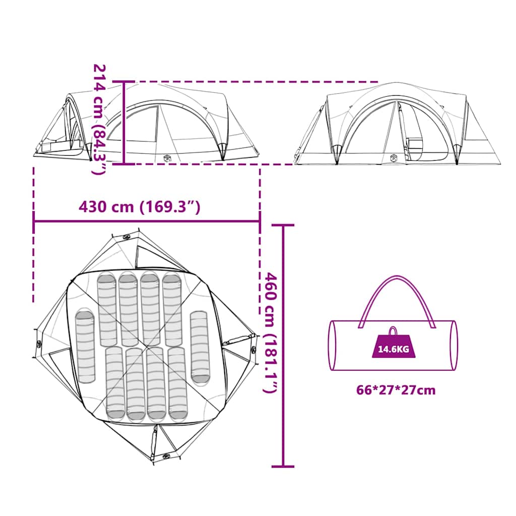 vidaXL Family Tent 10-Person Blue and Grey 460 x 430 x 214 cm