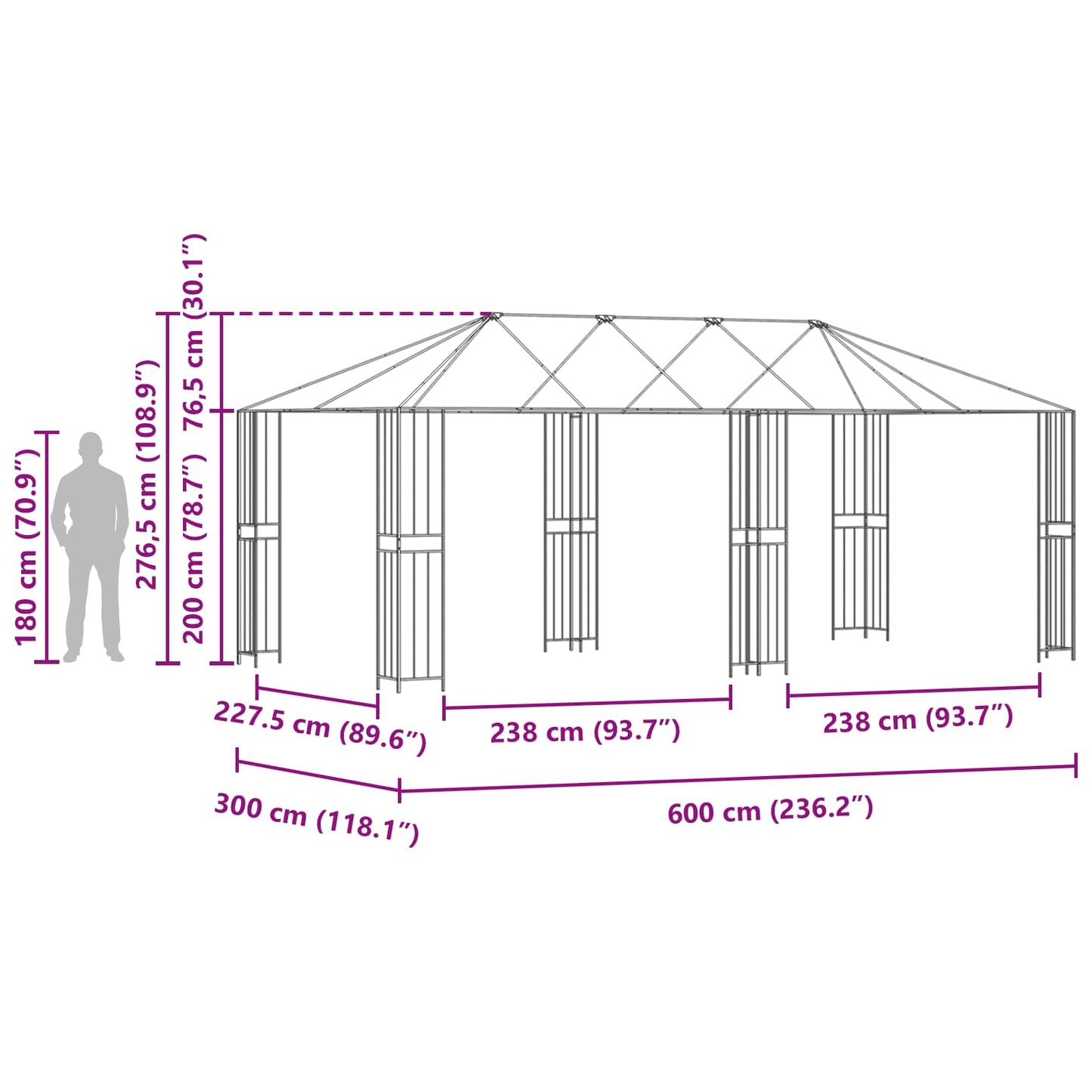 vidaXL Gazebo Frame Without Gazebo Fabric 6 x 3 m Black Steel