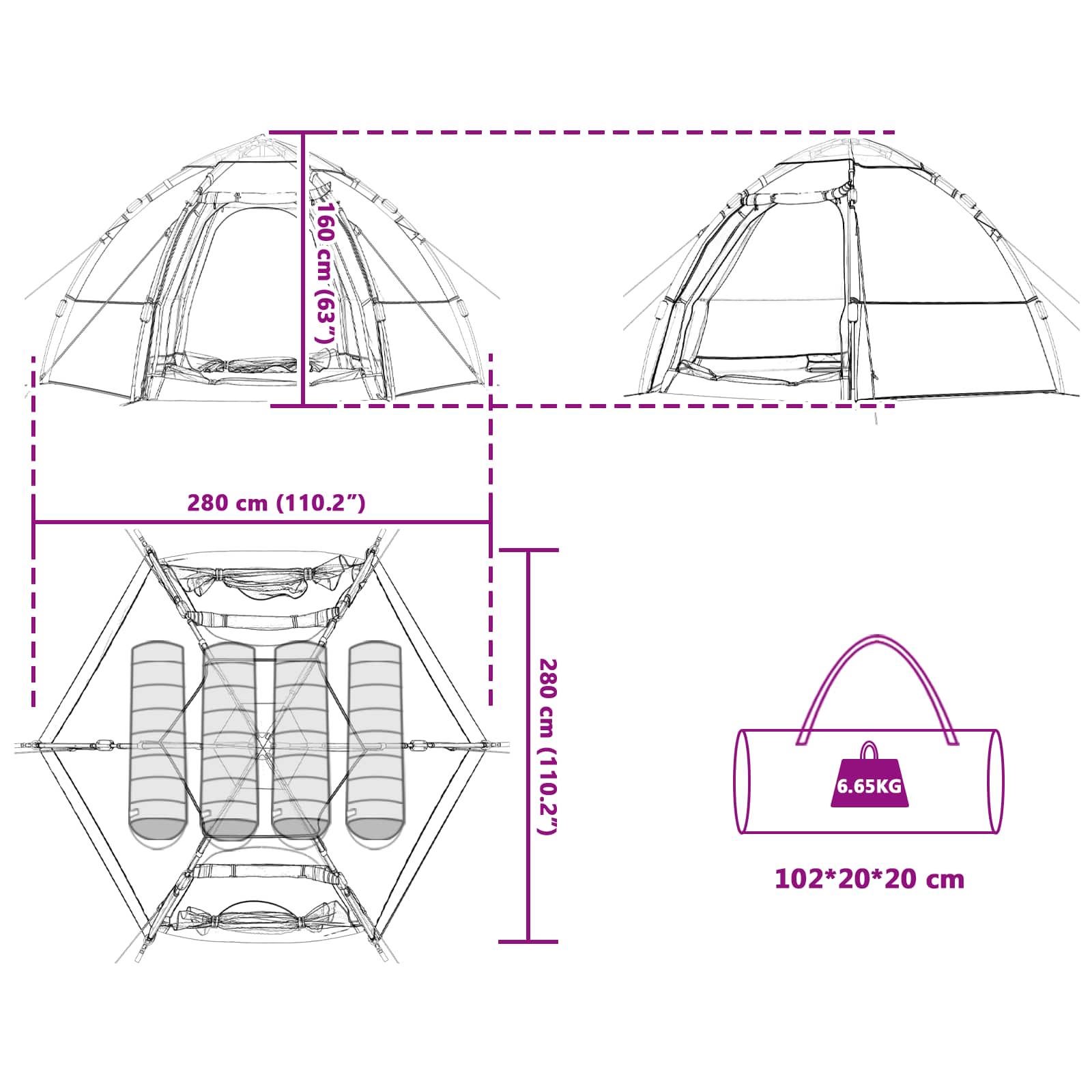vidaXL Instant Tent with Rainfly 4-Person Quick-Release 4-Person Green - 280 x 280 x 160 cm