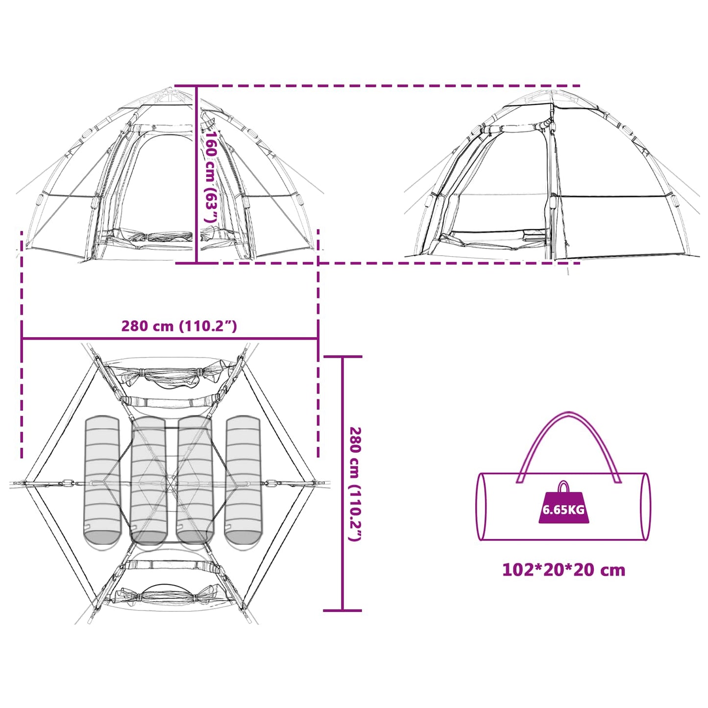 vidaXL Instant Tent with Rainfly 4-Person Quick-Release 4-Person - Grey - 280 x 280 x 160 cm