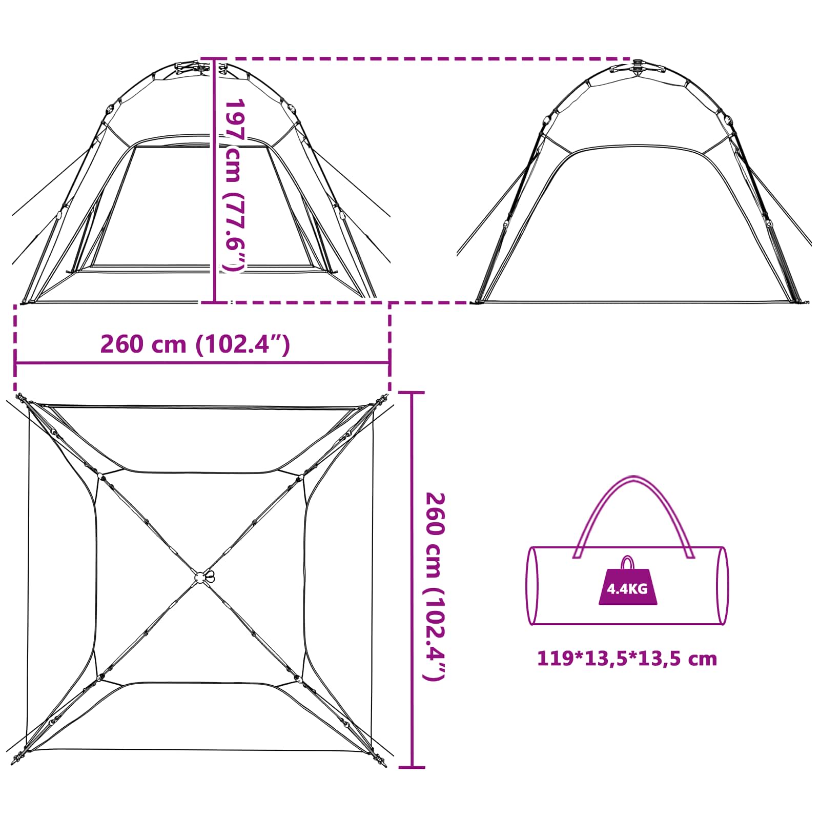 vidaXL Instant Tent 4-Person Quick-Release 4-Person Grey - 260 x 260 x 197 cm